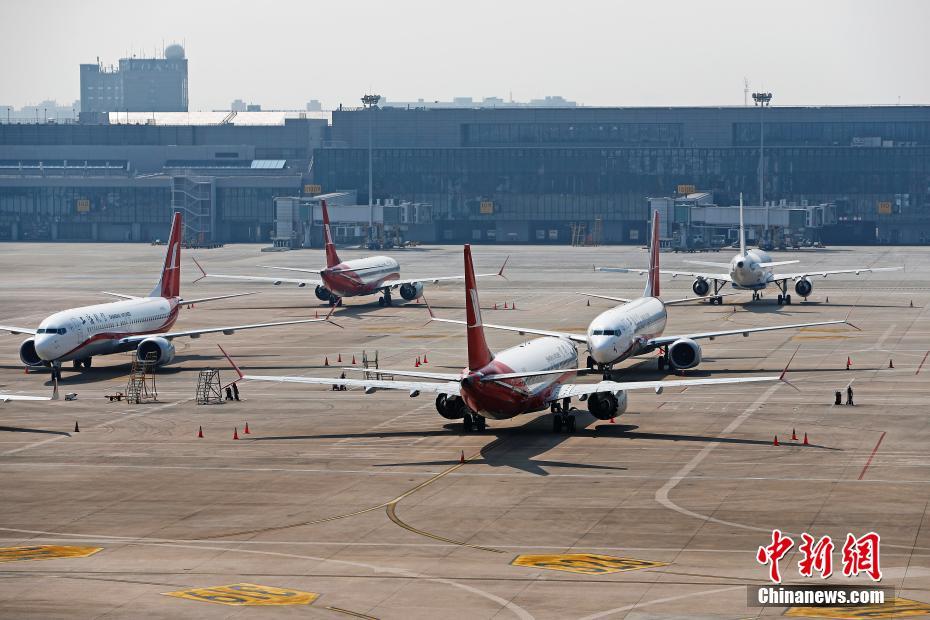 上海虹橋國際空港に駐機されている上海航空公司が所有する9機のボーイング737MAX型機（撮影?殷立勤）。