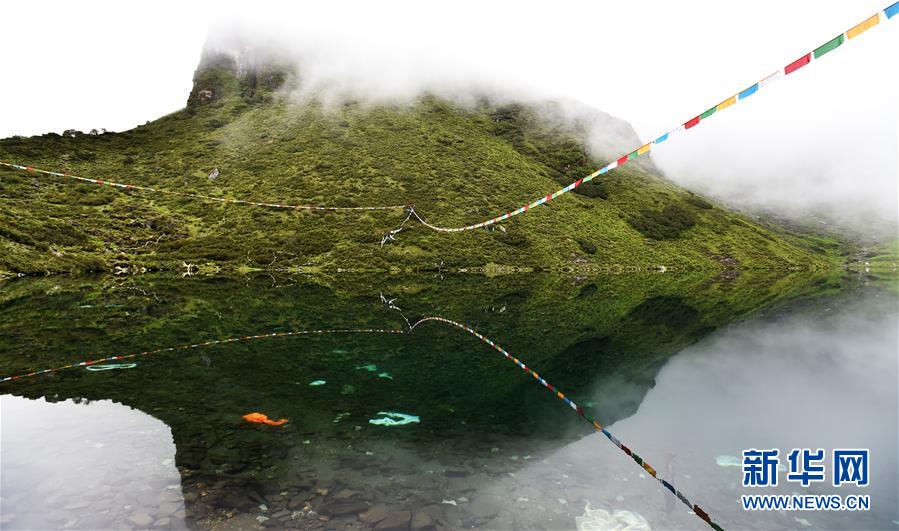 鏡のような湖面に緑の山が映り込む神秘の朗吉錯湖　 西蔵自治區