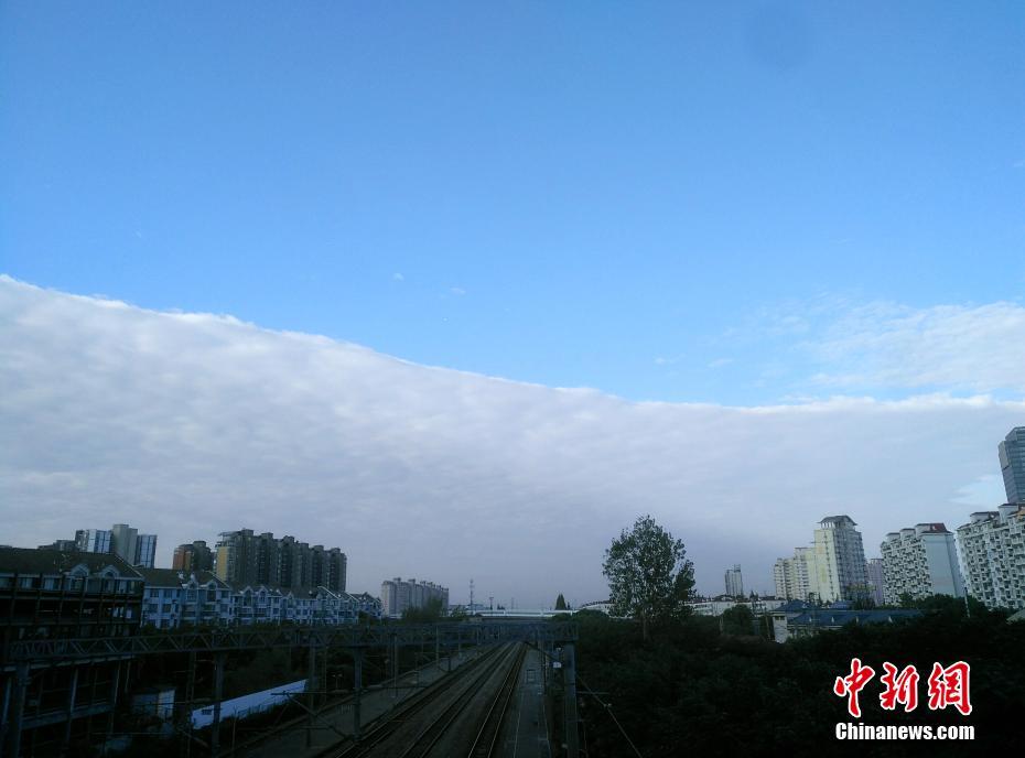 青空と雲ですっぱり2分割された上海の空（寫真?王亜東）。 