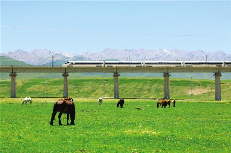 山丹軍用馬牧場を通過する高速列車（撮影?徐凌波）。